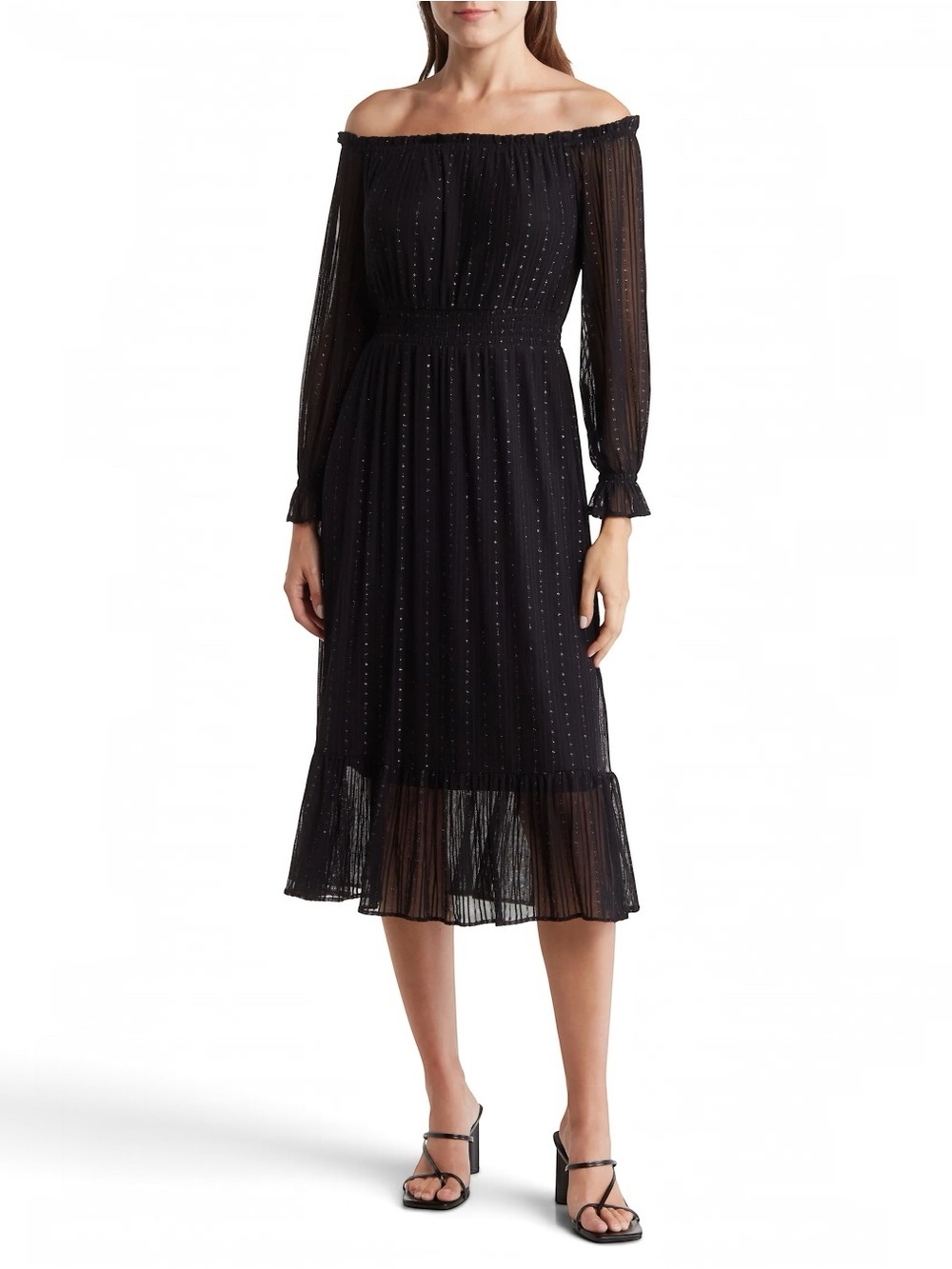 BCBGeneration Black Metallic Chiffon Off Shoulder Midi Party Dress Sparkly S